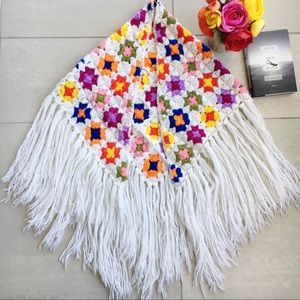 Vintage Rainbow Floral Crochet Shawl Fringe